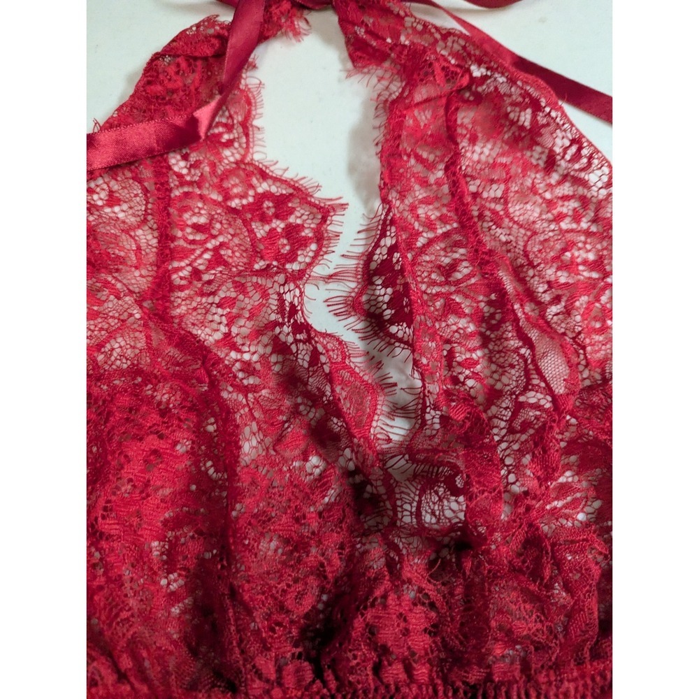 Sheer Lace Halter Teddy Bodysuit Deep V‎ Neck Red Ribbon Tie Size S - Picture 8 of 10